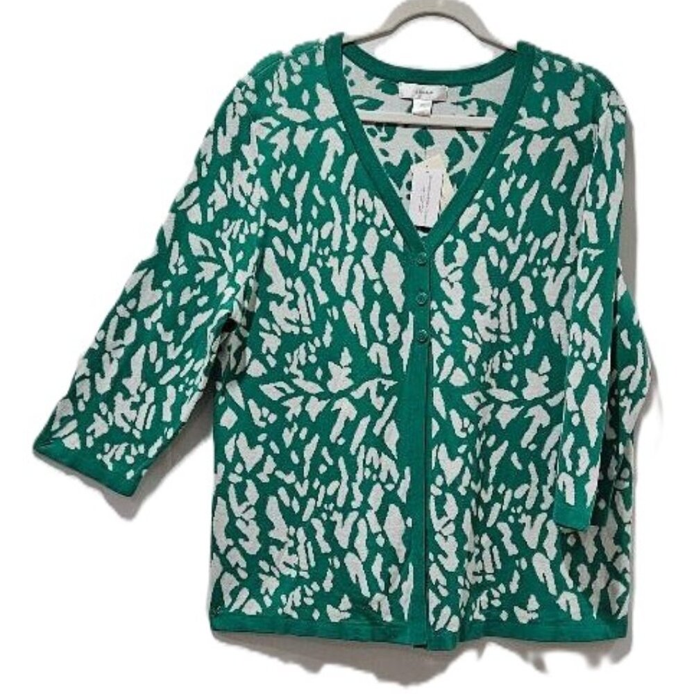 New CJ BANKS GREEN WHITE COTTON V-NECK 3 BUTTON CARDIGAN SPRING JACKET  1X